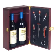 Hölzerne Weinkiste für 2 Flaschen mit Sommelier-Set 