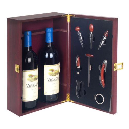 Hölzerne Weinkiste für 2 Flaschen mit Sommelier-Set 